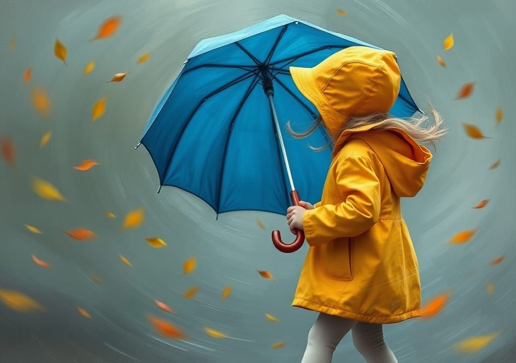 Girl in Yellow Coat Struggles Against Wind