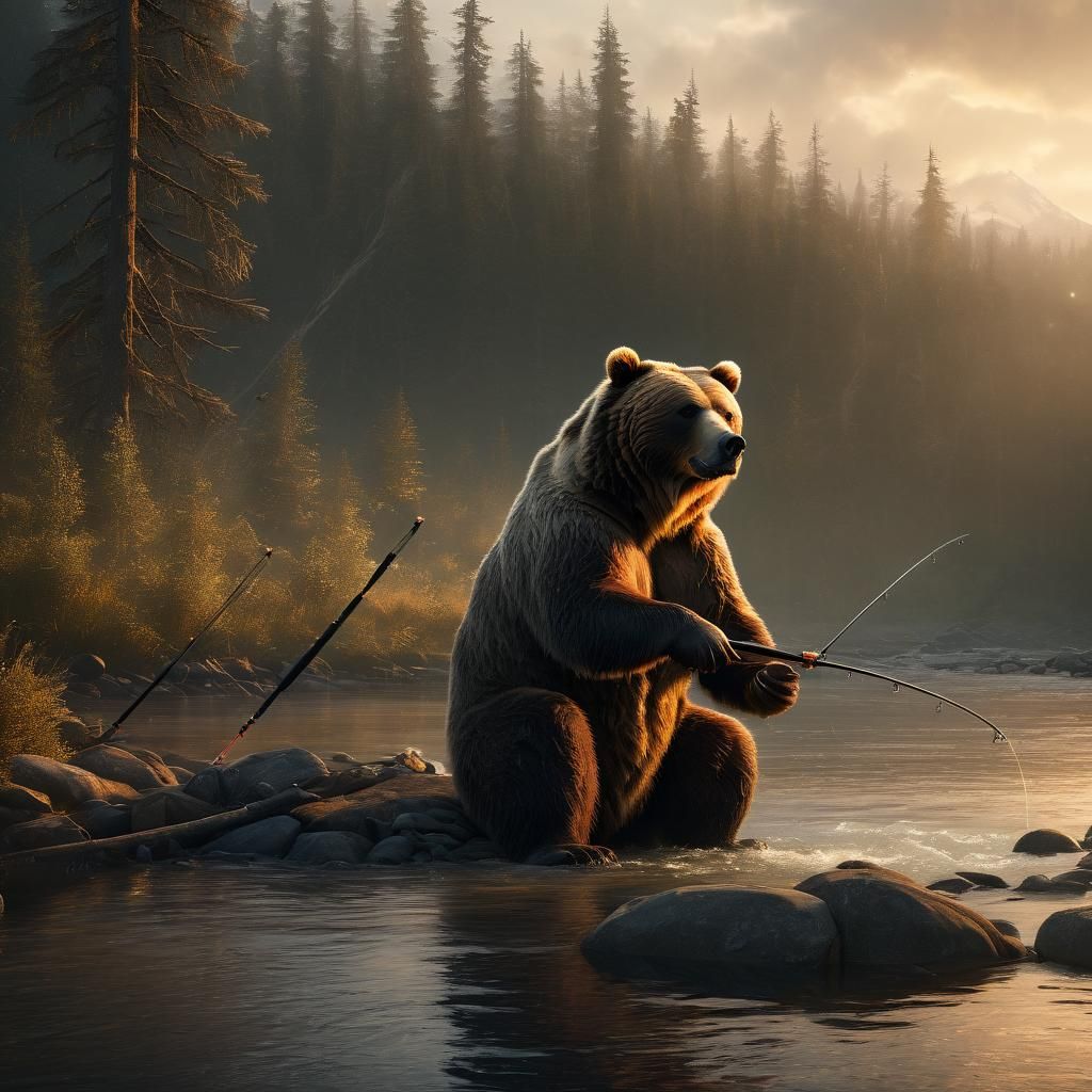 Grizzly Bear Fishing: Cinematic Digital Painting