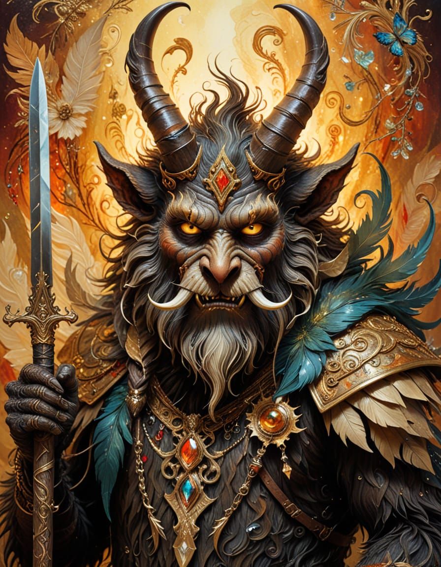 Krampus with Eyepatch and Sword in Surreal Painting Style