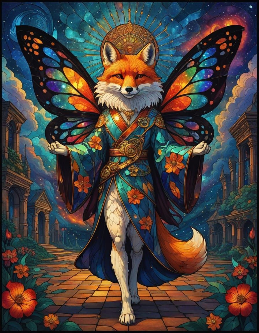 Fantasy Fox Stained Glass Art with Surreal Details