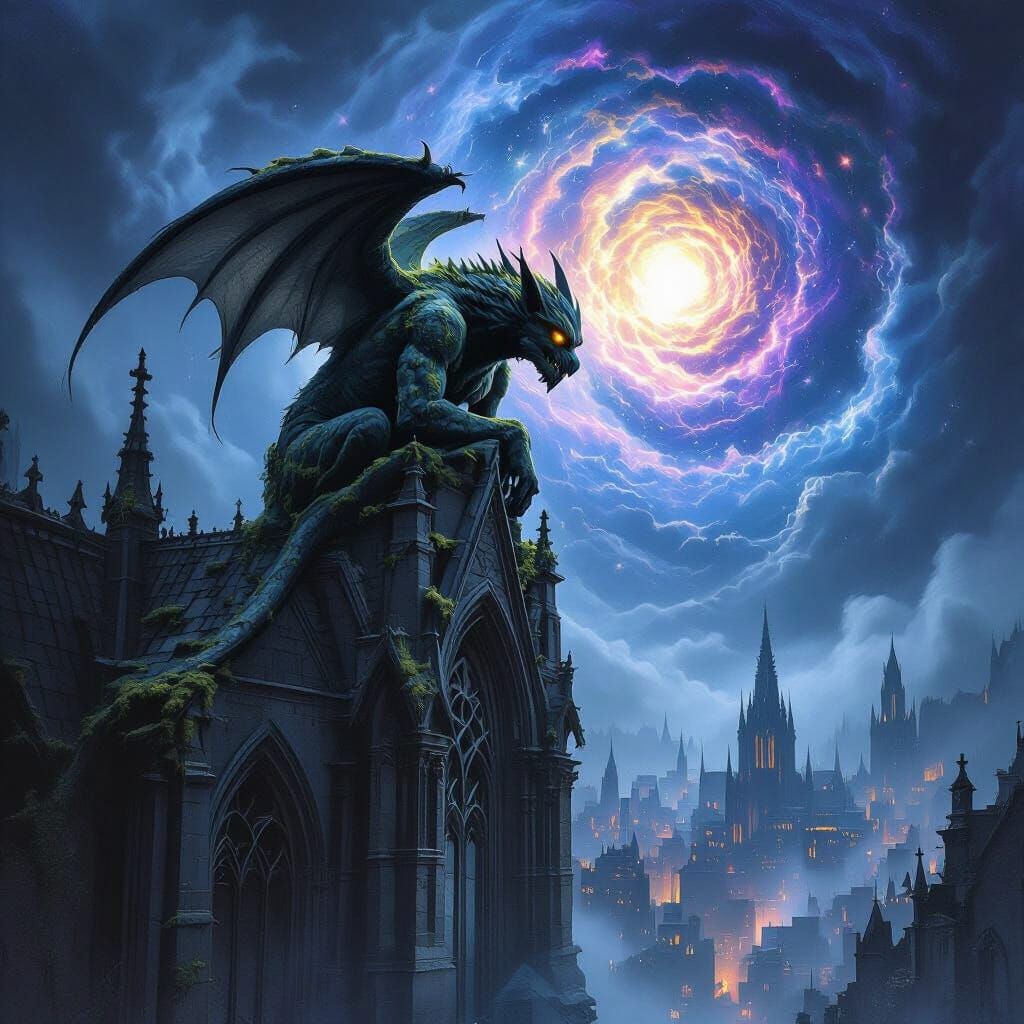 Gargoyle Watches Cosmic Vortex Over Ruined City