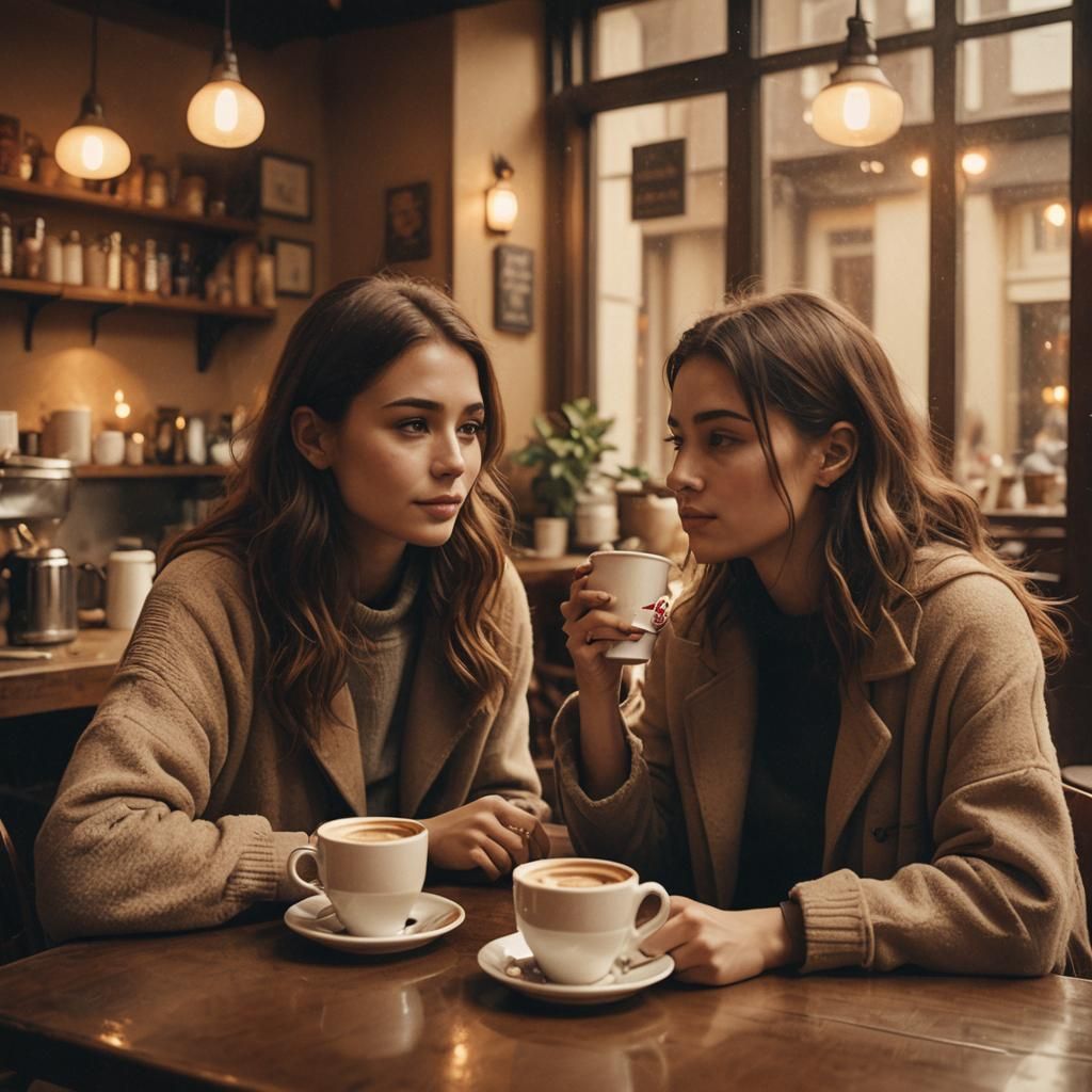 Girls Enjoying Coffee in Cozy Cafe: Cinematic Oil Painting