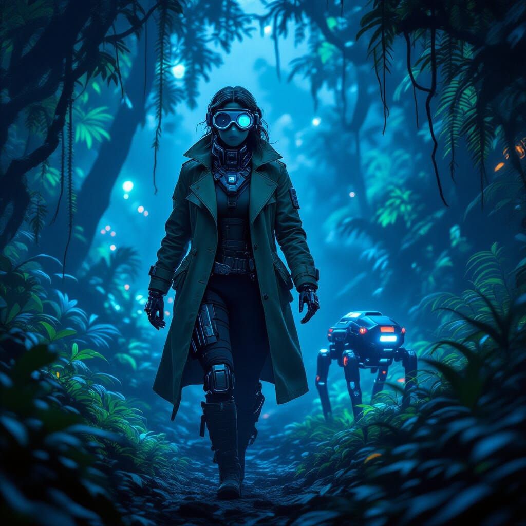 Cybernetic Explorer in Bioluminescent Jungle