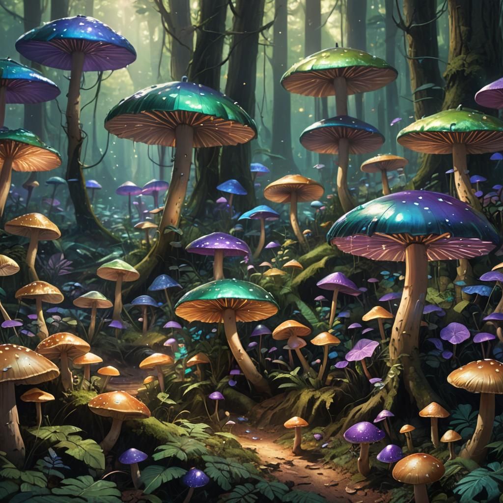 Glowing Umbrella Mushrooms in Mystical Forest