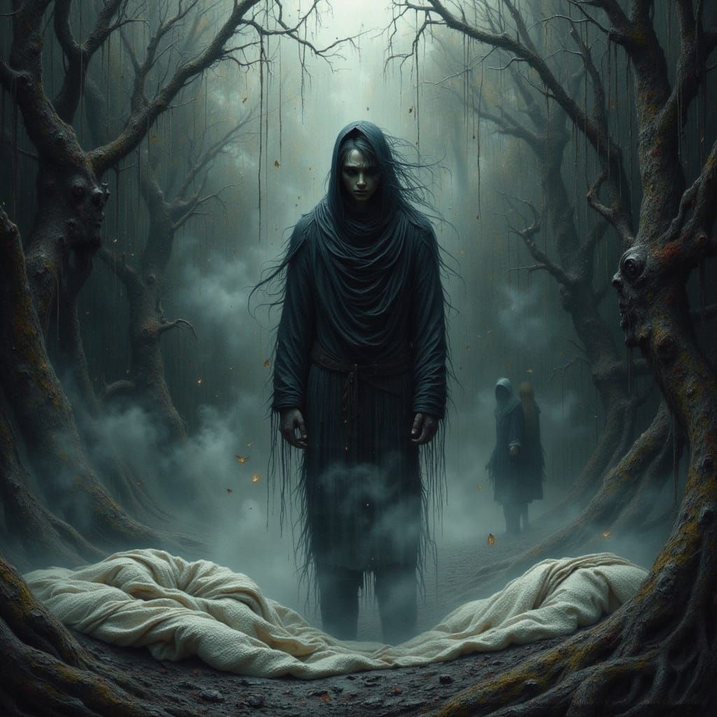 Eerie Shadow Figure Emerges in Dreamlike Gothic Scene