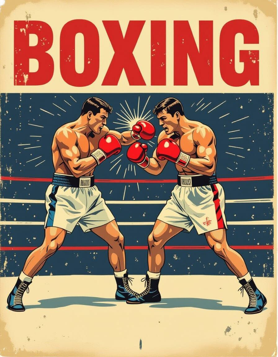 Vintage Boxing Poster: Fighters in Dramatic Pose, Retro Styl...