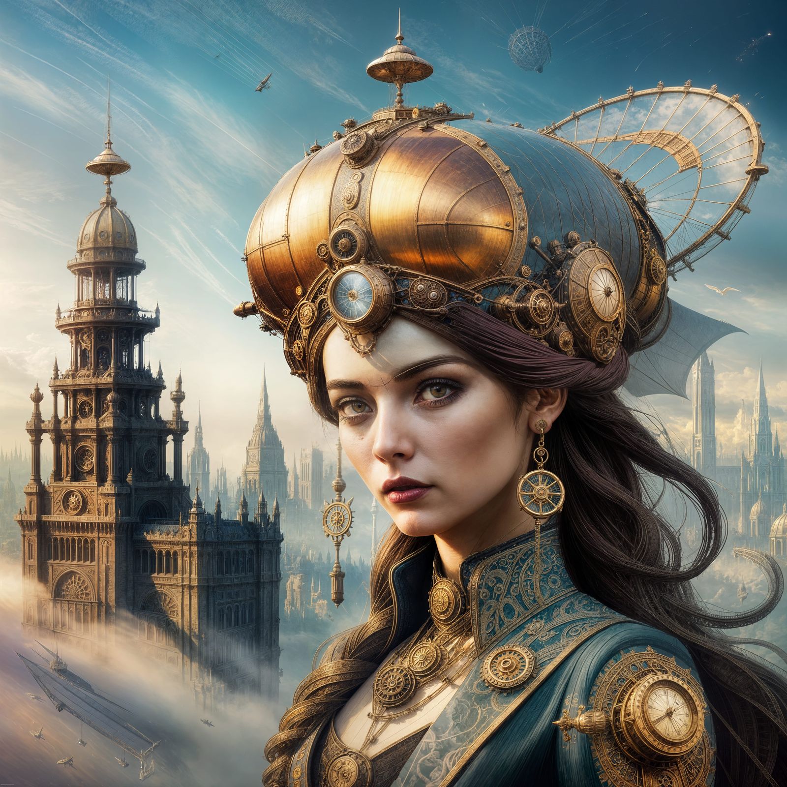 Steampunk Airship Soaring Over Victorian London in Dark Fant...