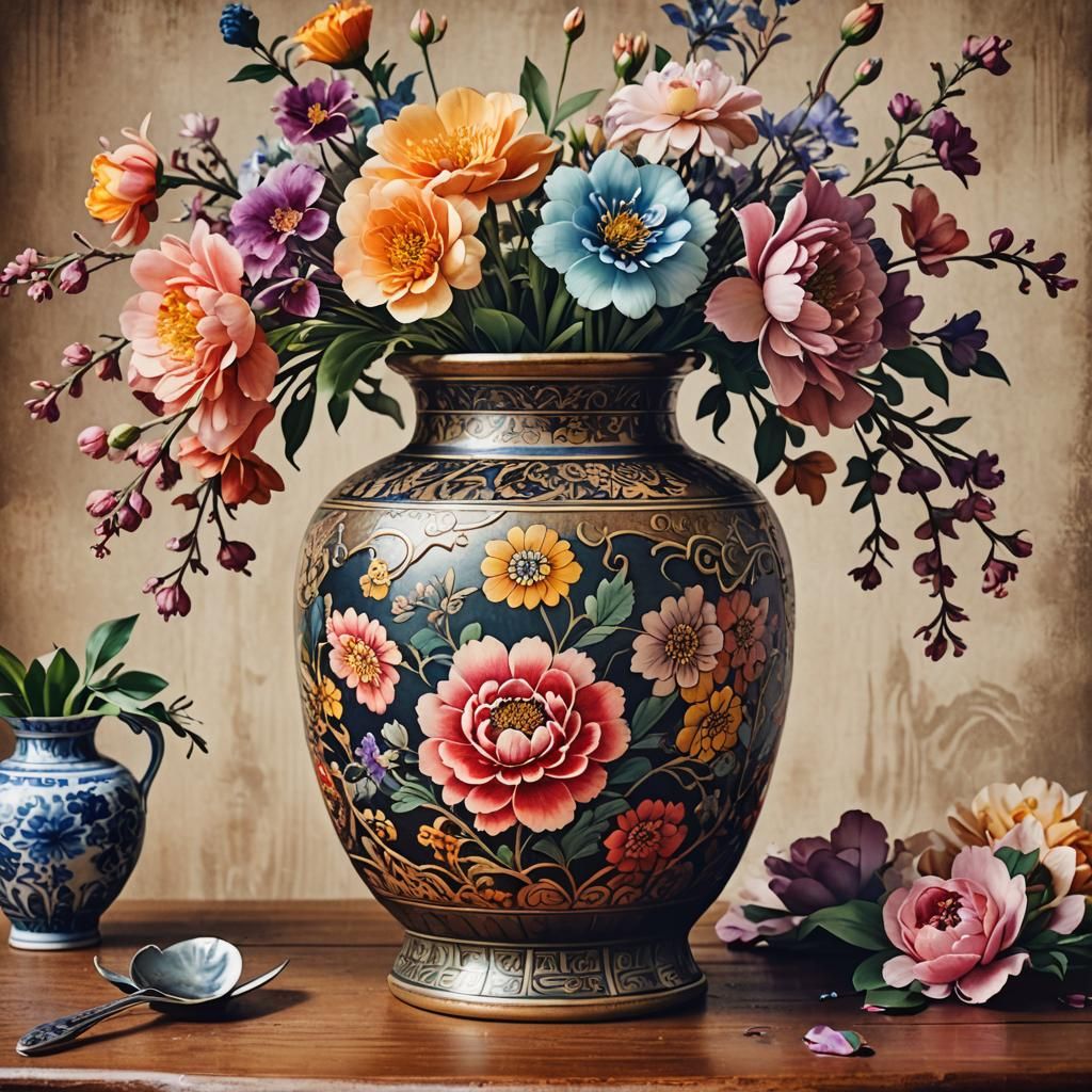 Ornate Vase with Multicolored Flowers in Ink Illustration