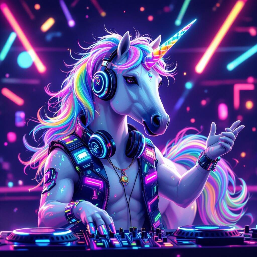 Unicorn DJ at Neon Nightclub in Digital Art Style