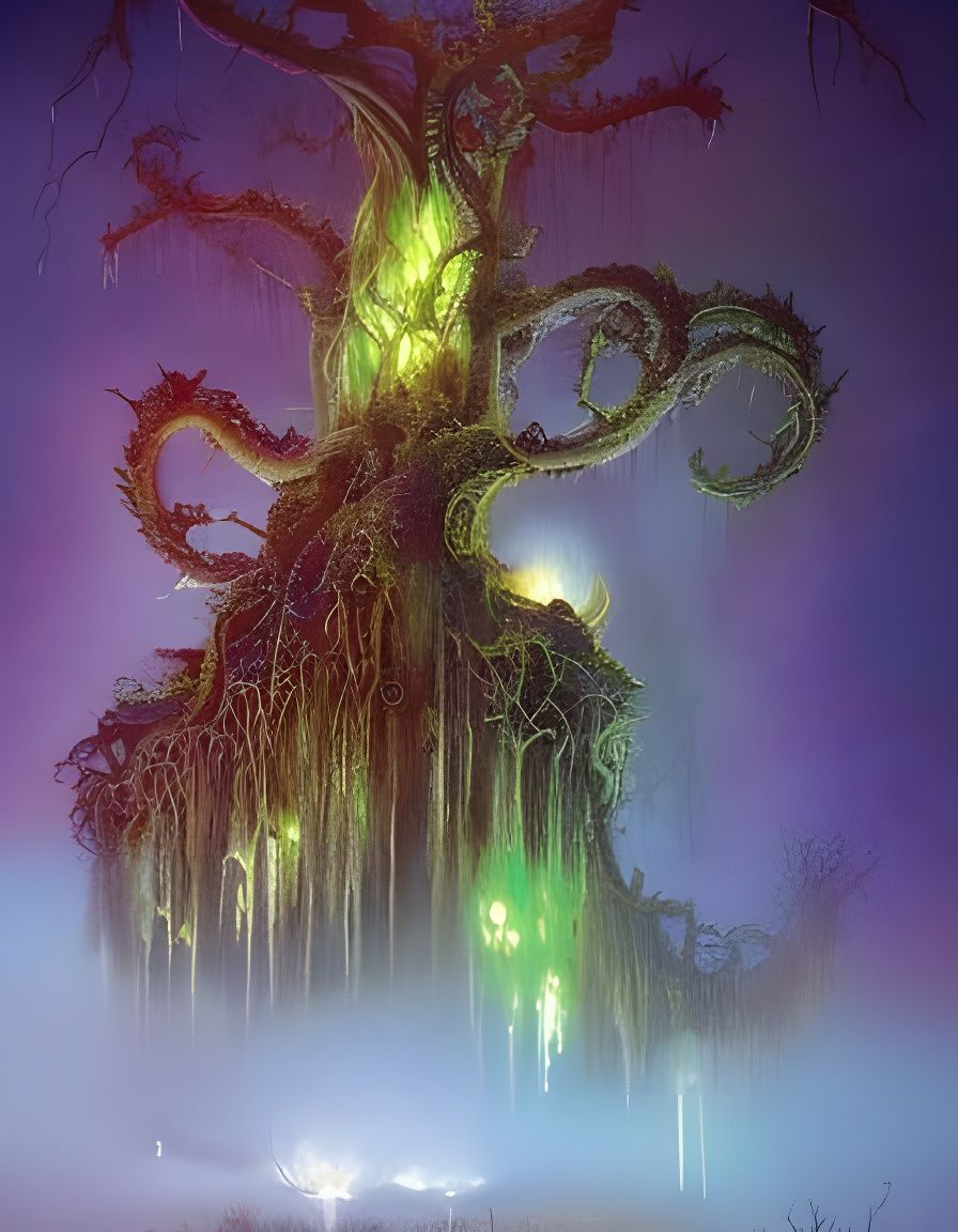 Eerie Lovecraftian Tree in Shadowy Mist
