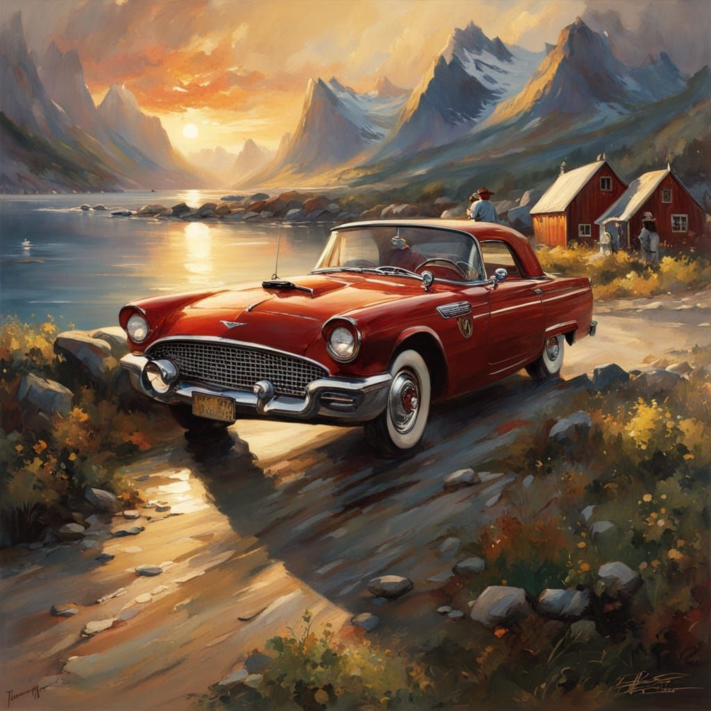 Ford Thunderbird on Lofoten Coast as Oil Painting