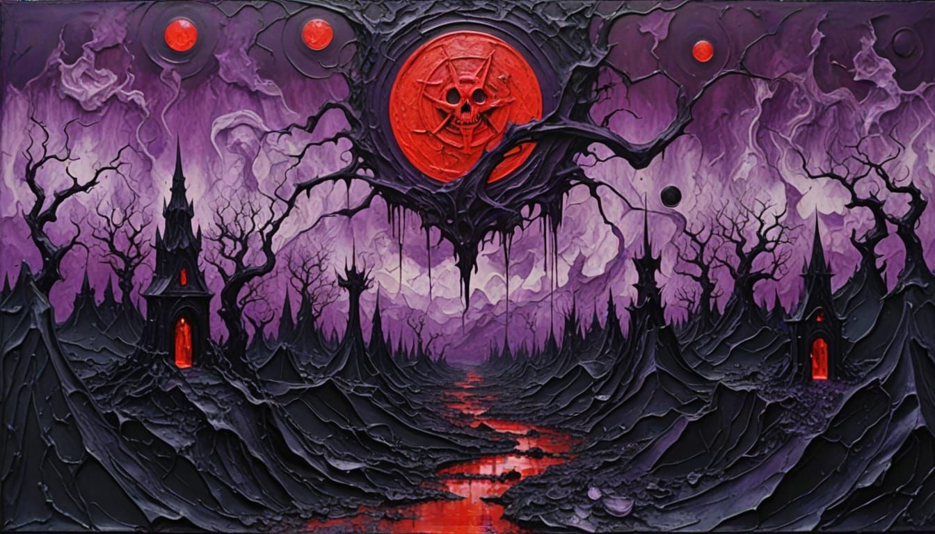 Dark Surreal Dystopia in Vibrant Purple and Red Encaustic Im...