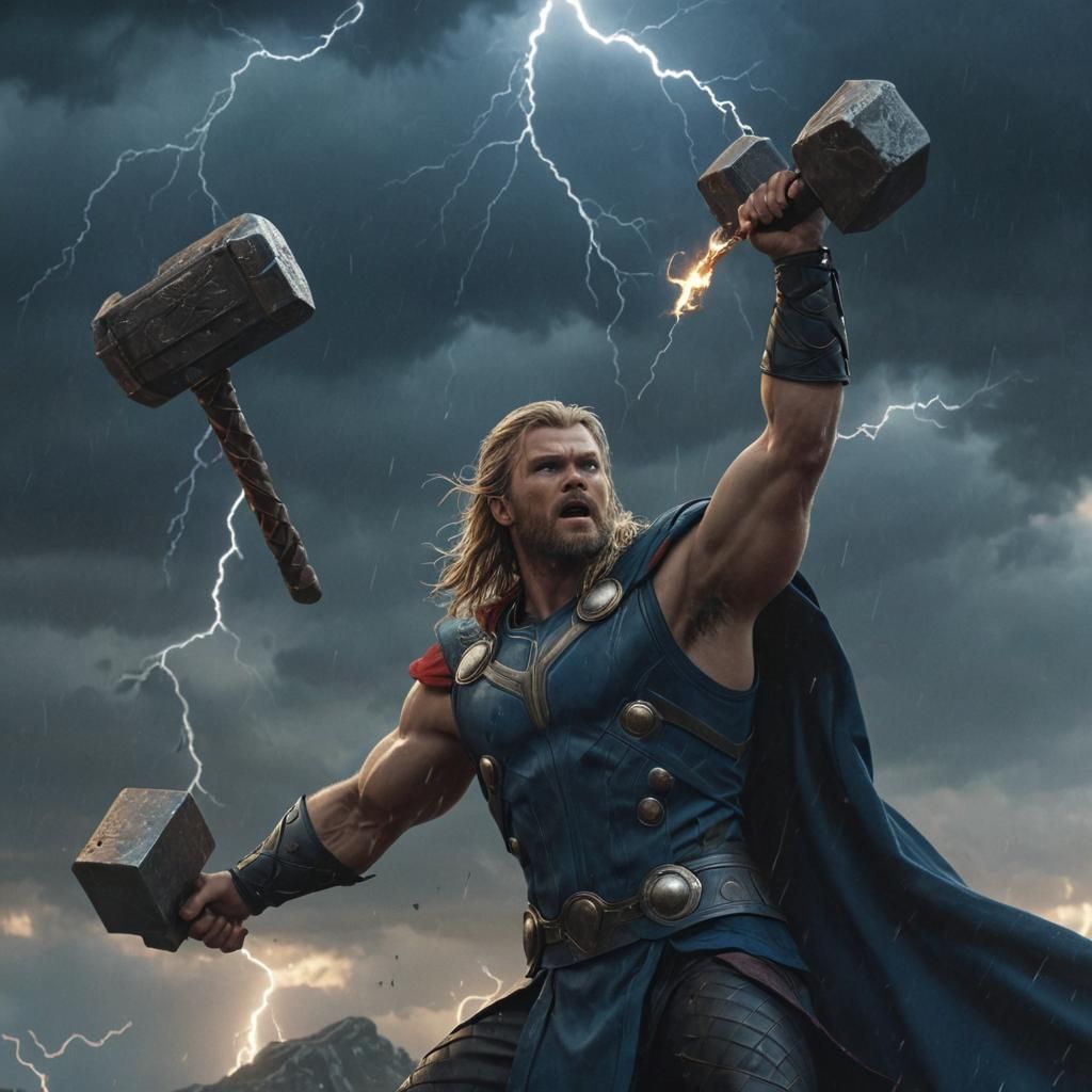 Thor Furious with Hammer in Dramatic Matte Painting