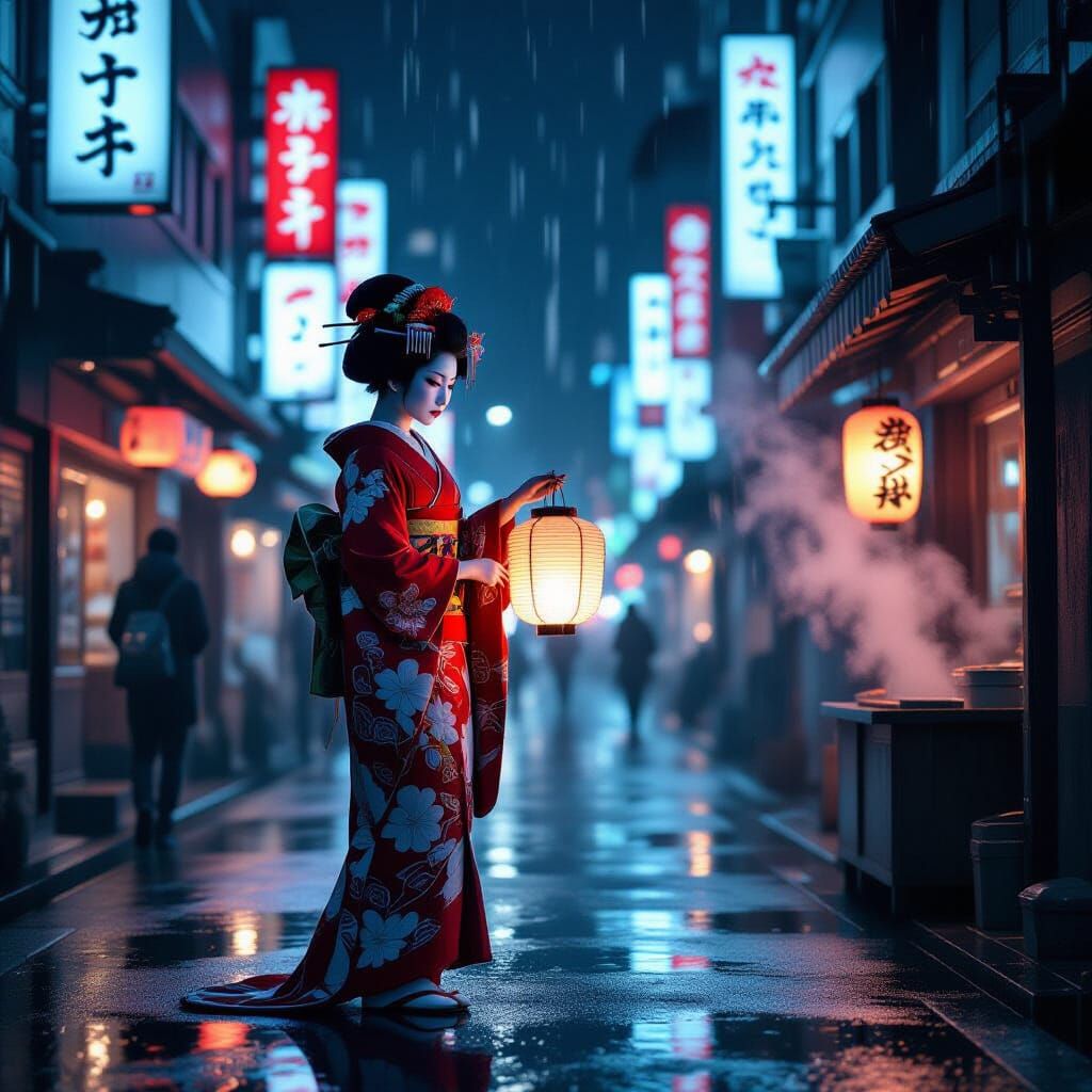 Geisha in Cyberpunk Tokyo: Neon Reflections