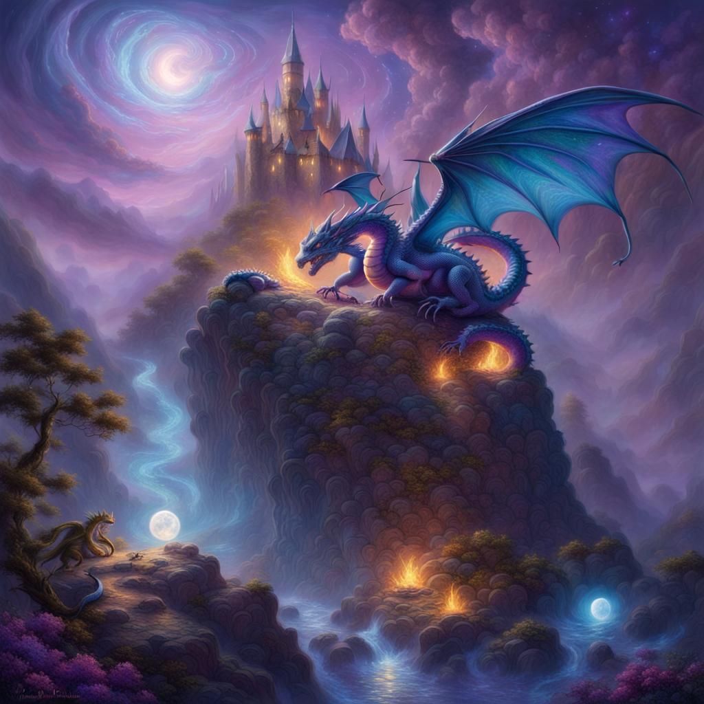 Dragon's Night Watch: A Hyperdetailed Fantasy Scene