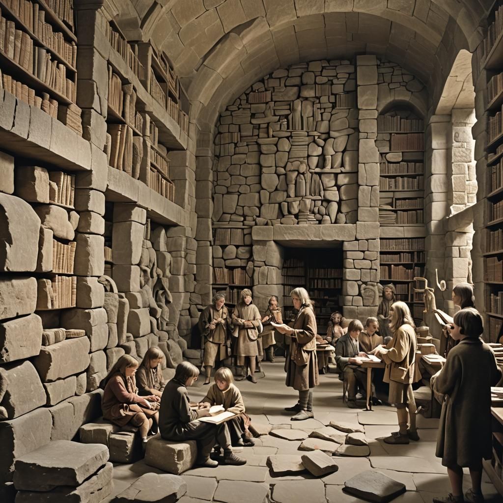 Ancient Scholars in a Stone Library