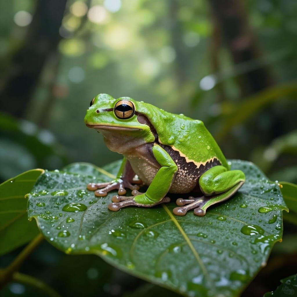 Vibrant Emerald Tree Frog on Dewy Leaf