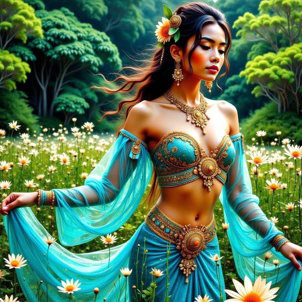 Surreal Thai Goddess in Vibrant Floral Realm