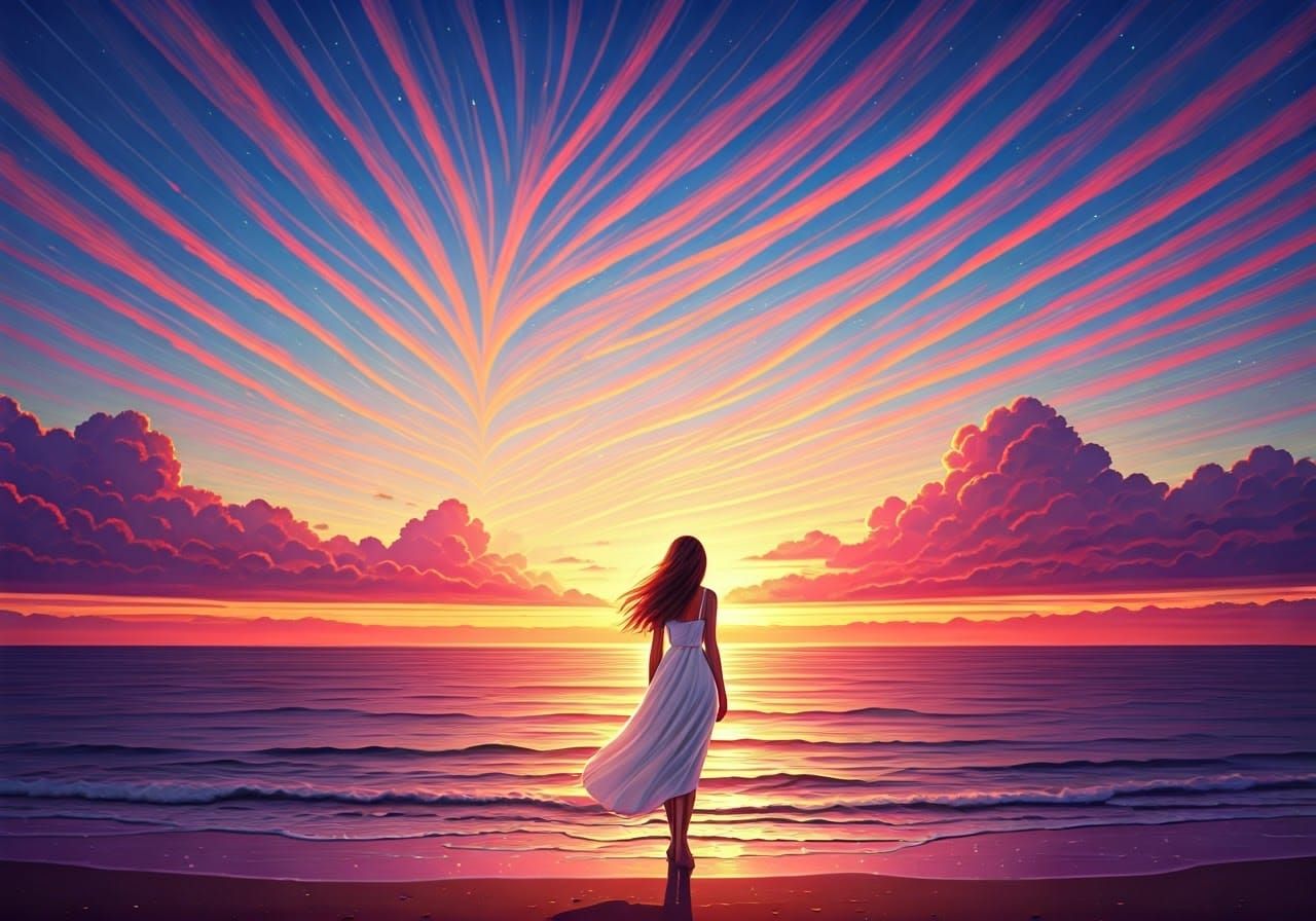 Woman Gazing at Sunset in Cosmic Astral Style