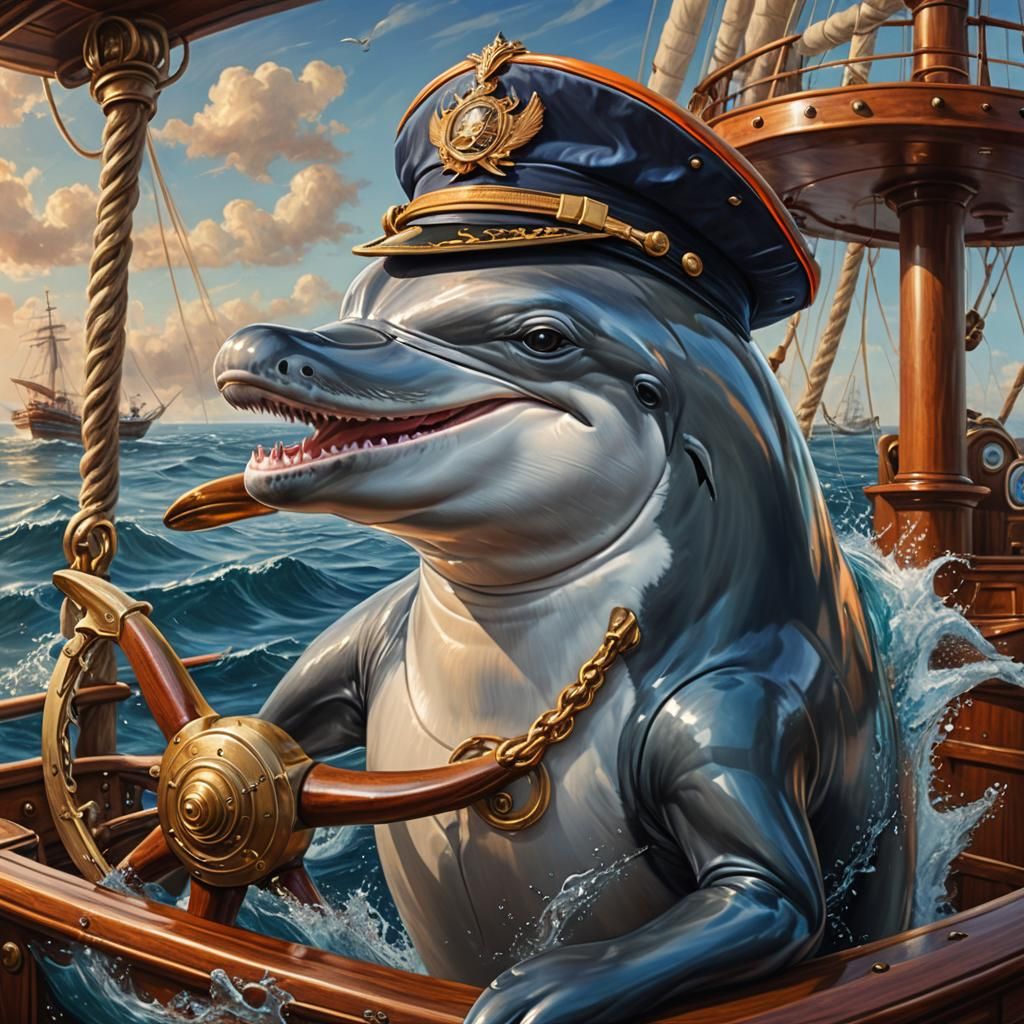 Dolphin Captain Steering Ship: Hyperrealistic Oil Painting