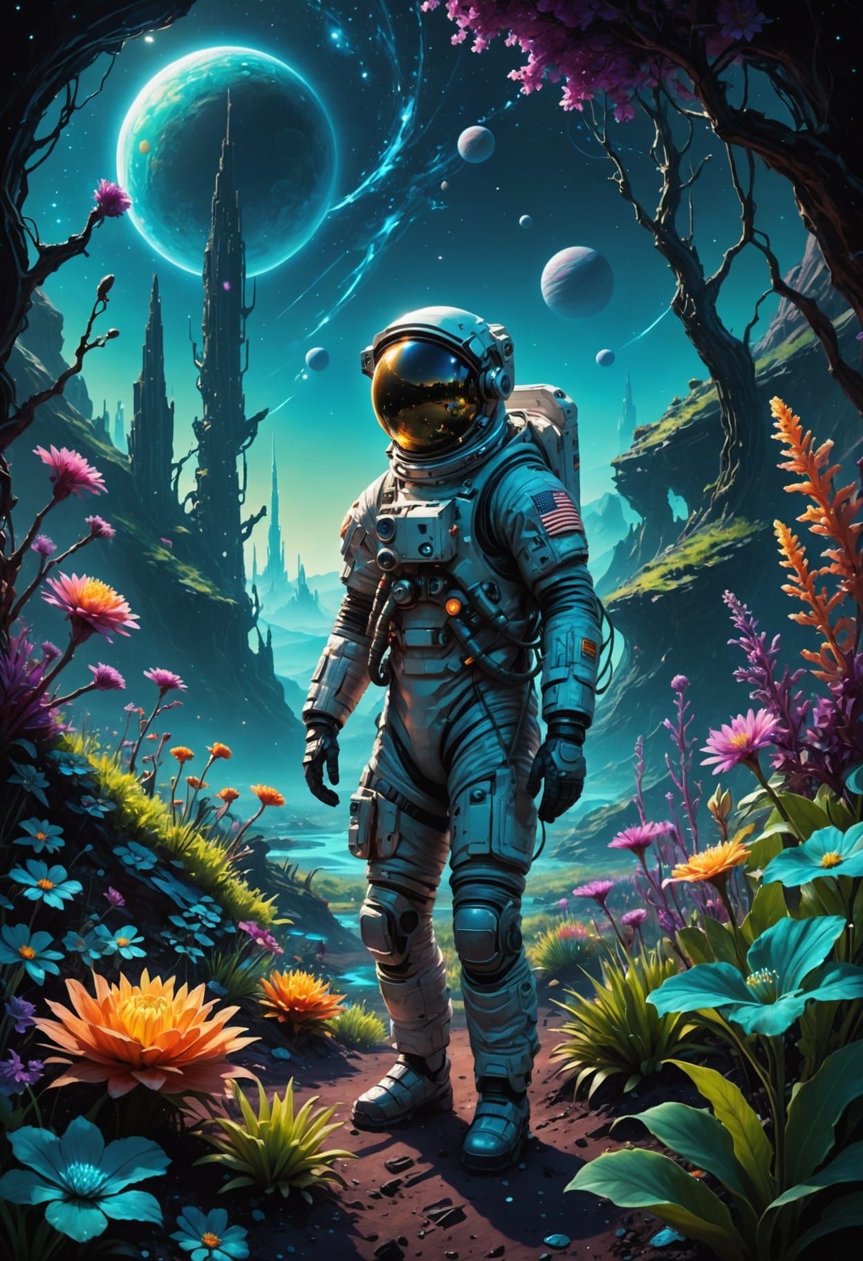 Astronaut Tends Glowing Alien Garden on Exoplanet
