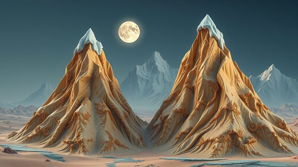 Ethereal Golden Mountains Under Silver Moonlight