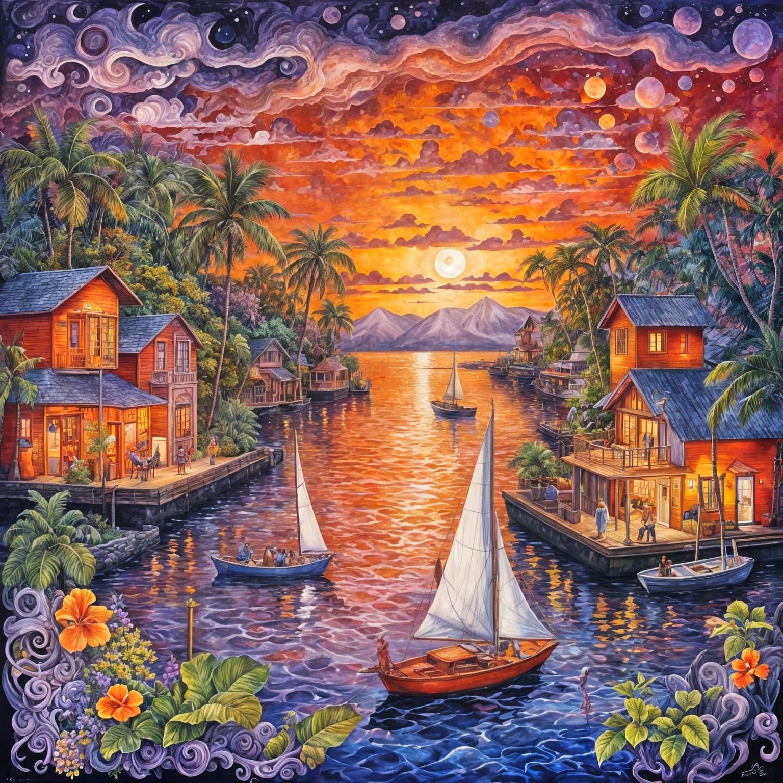 Surreal Hawaiian Harbor at Sunset with Billowing Sailboat