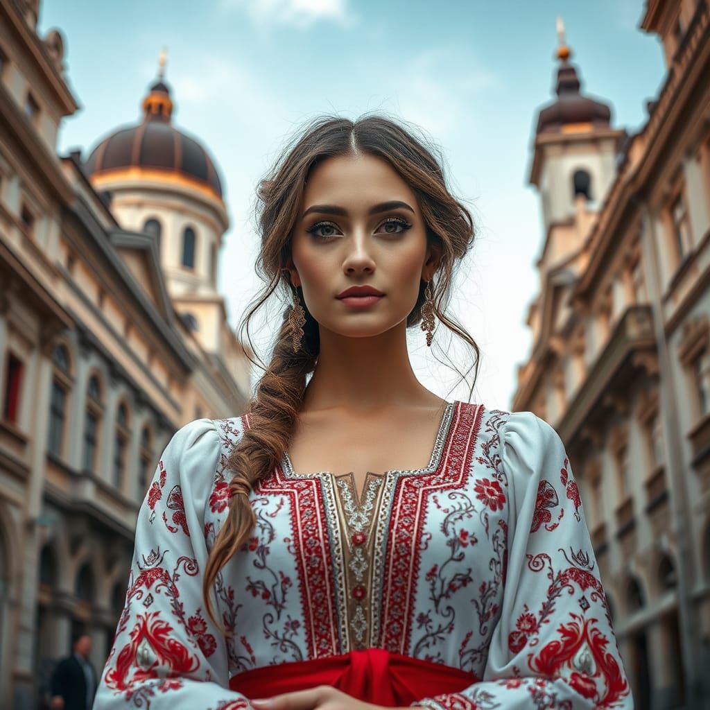 Bulgarian Woman in Traditional Dress, Ink Painting Style