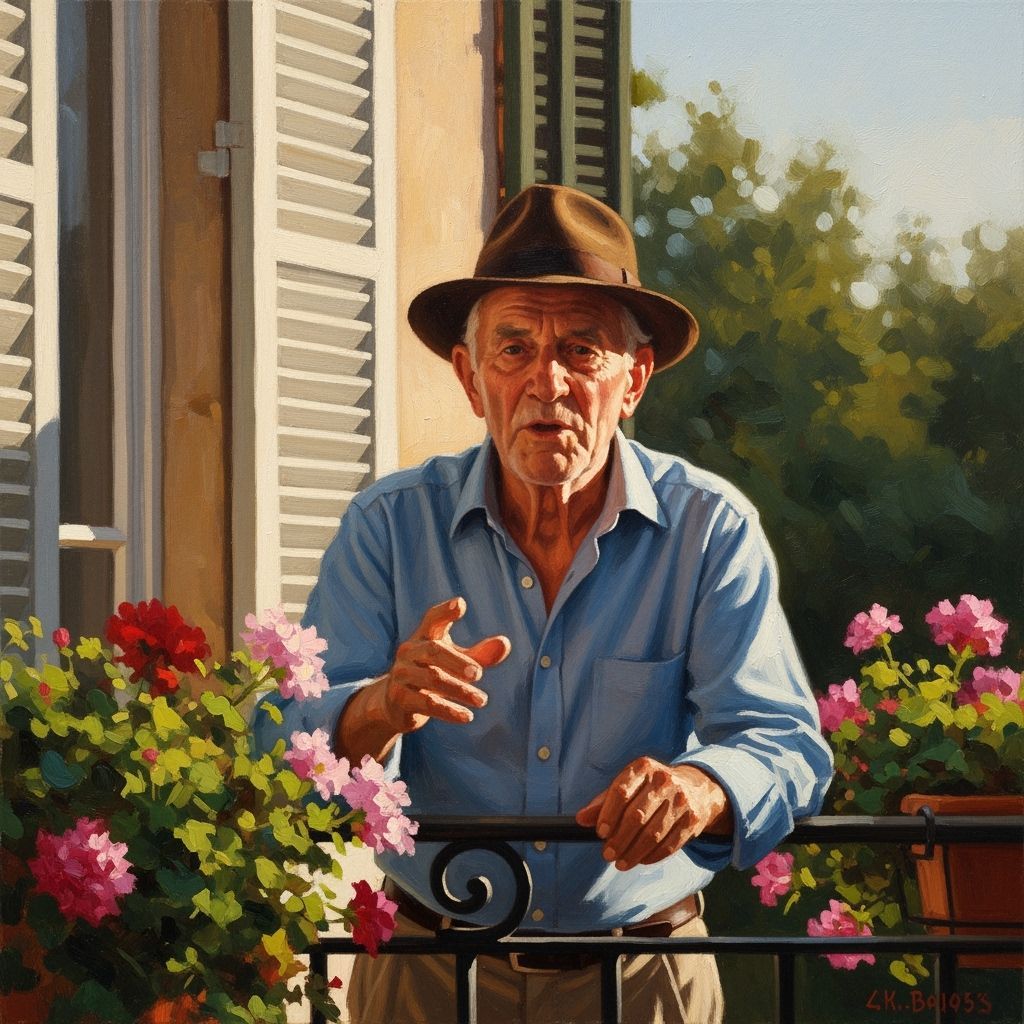 Elderly Man on Balcony Telling a Story, Oil Painting Style