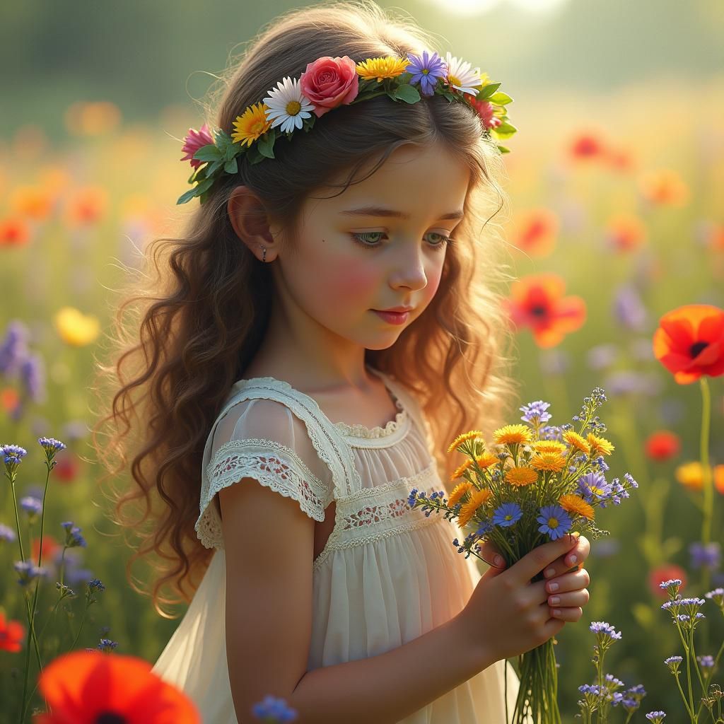 niña cogiendo flores en el campo