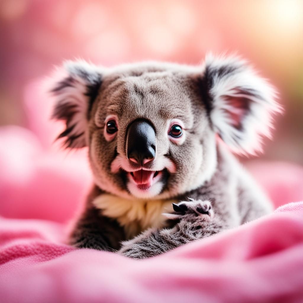 Happy Baby Koala on Pink Blanket