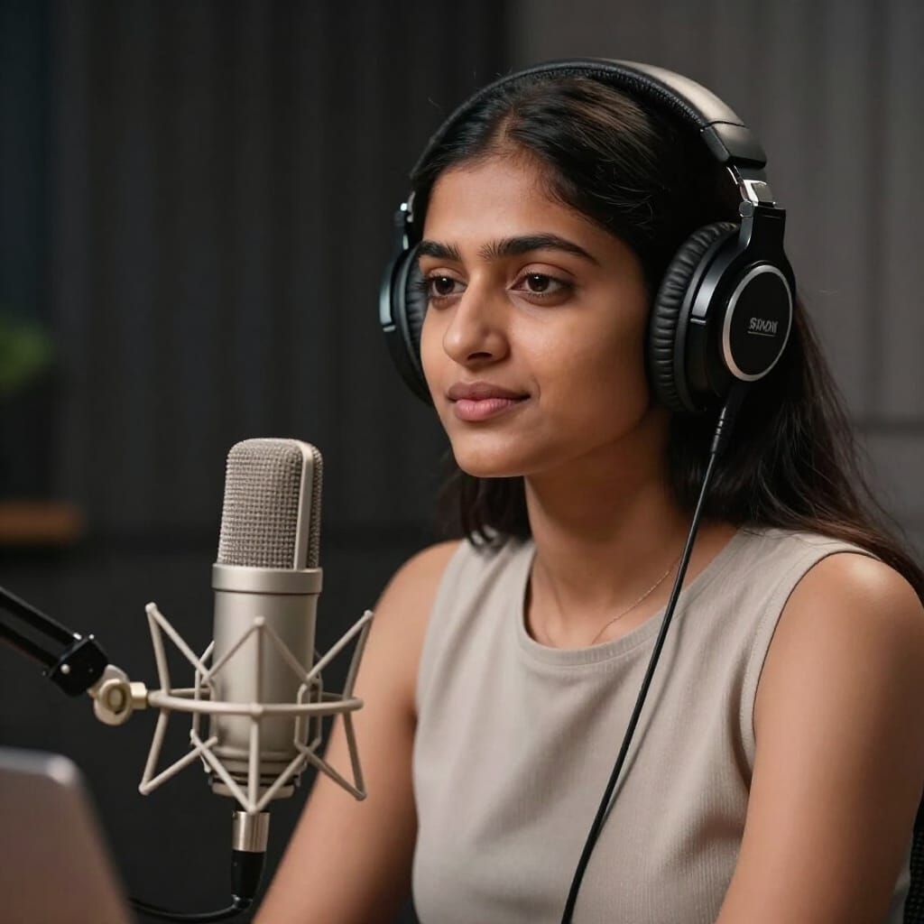 Photorealistic Portrait of Indian Woman in Podcast Studio