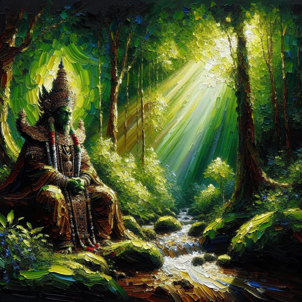 Sacred Shaman in Verdant Forest as Oil Painting