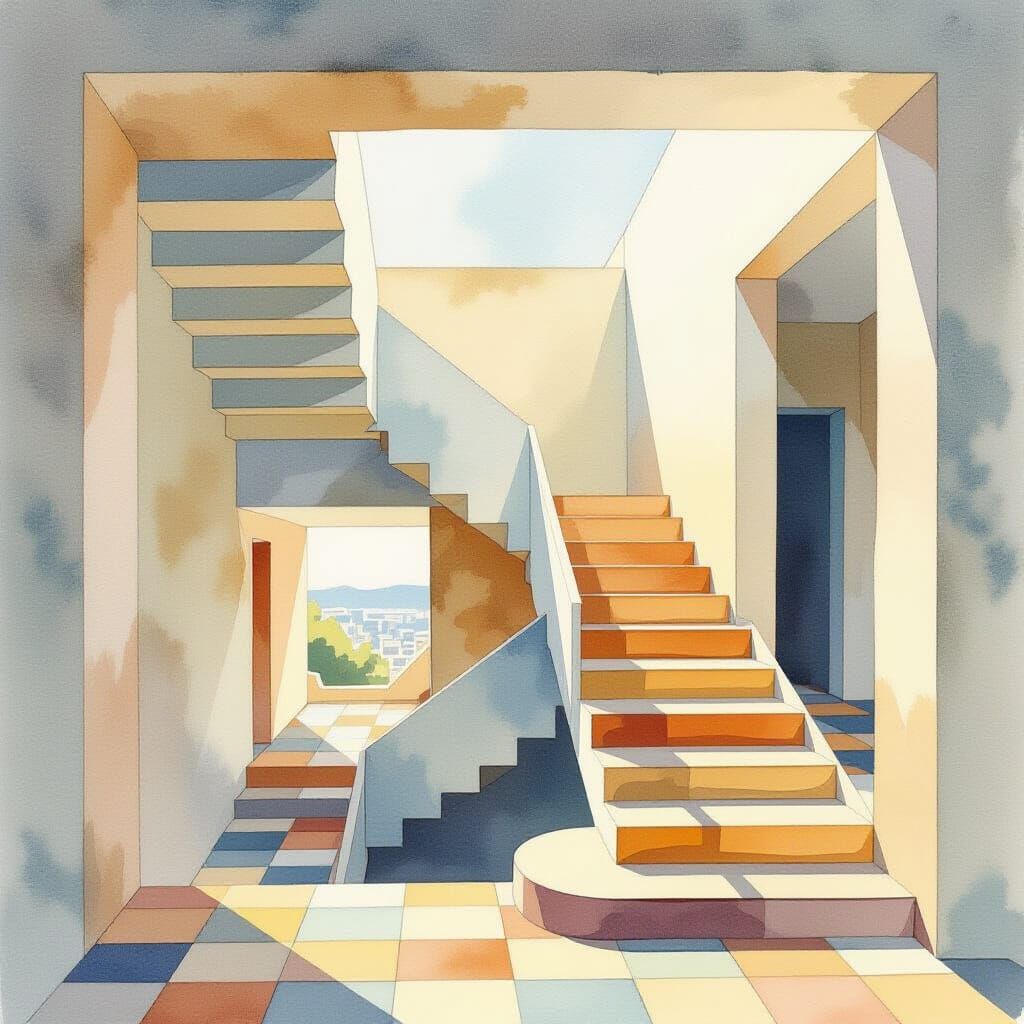 Escher-Inspired Watercolor of Impossible Stairs