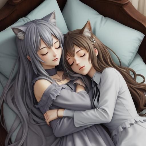 Wolfgirl and Catgirl Cuddling: A Cute Scene