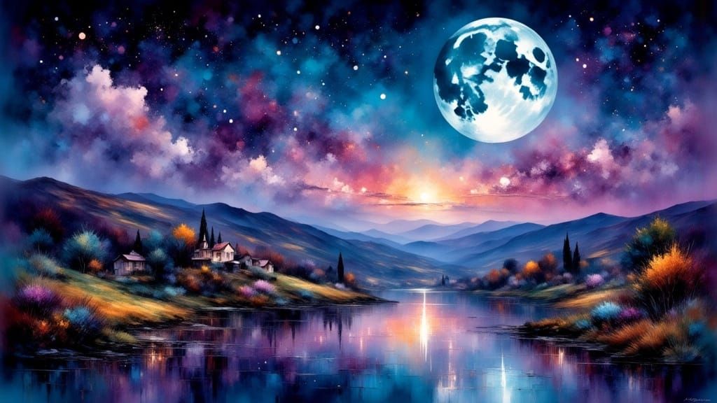 Impressionist Oil Painting of a Huge Full Moon Over a Villag...