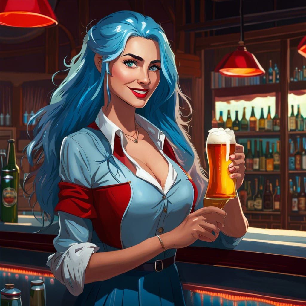 Blue-Haired Woman Holding Beer at Bar