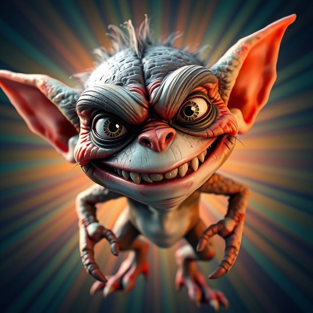 Mischievous Gremlin Unveils Razor-Sharp Teeth in Vibrant, Ra...