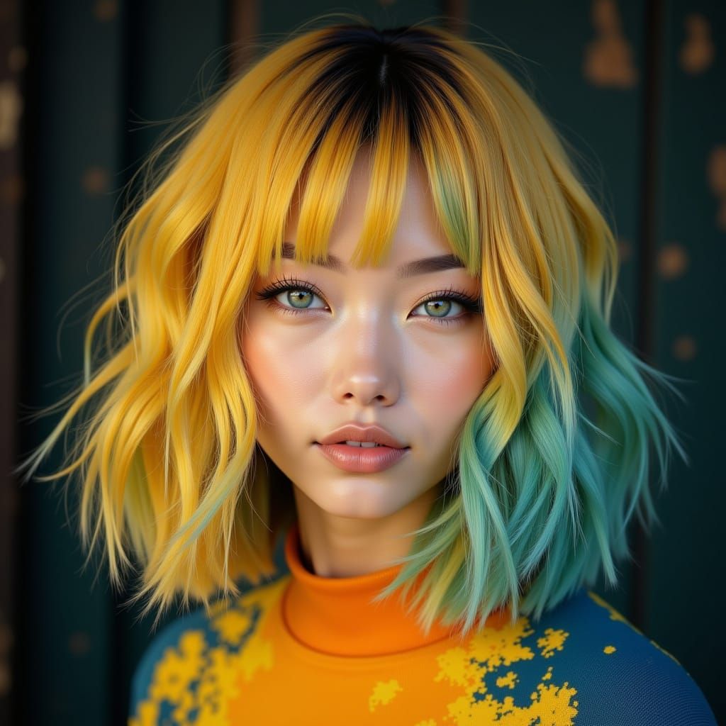 Eurasian Woman with Chonmage Haircut in Vibrant Night Park