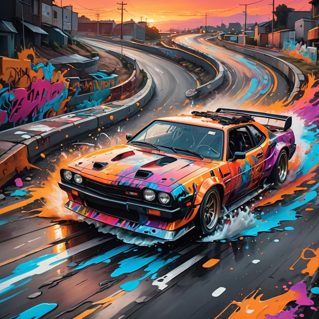 Drift Car on Winding Road in Splash Art Style