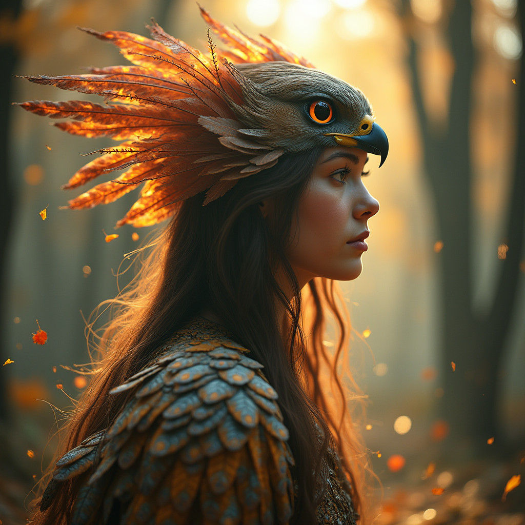 Ethereal Woman with Falcon Headdress in Enchanted Forest