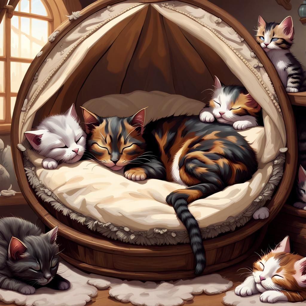 Tortoiseshell Cat and Kittens in Canopy Bed