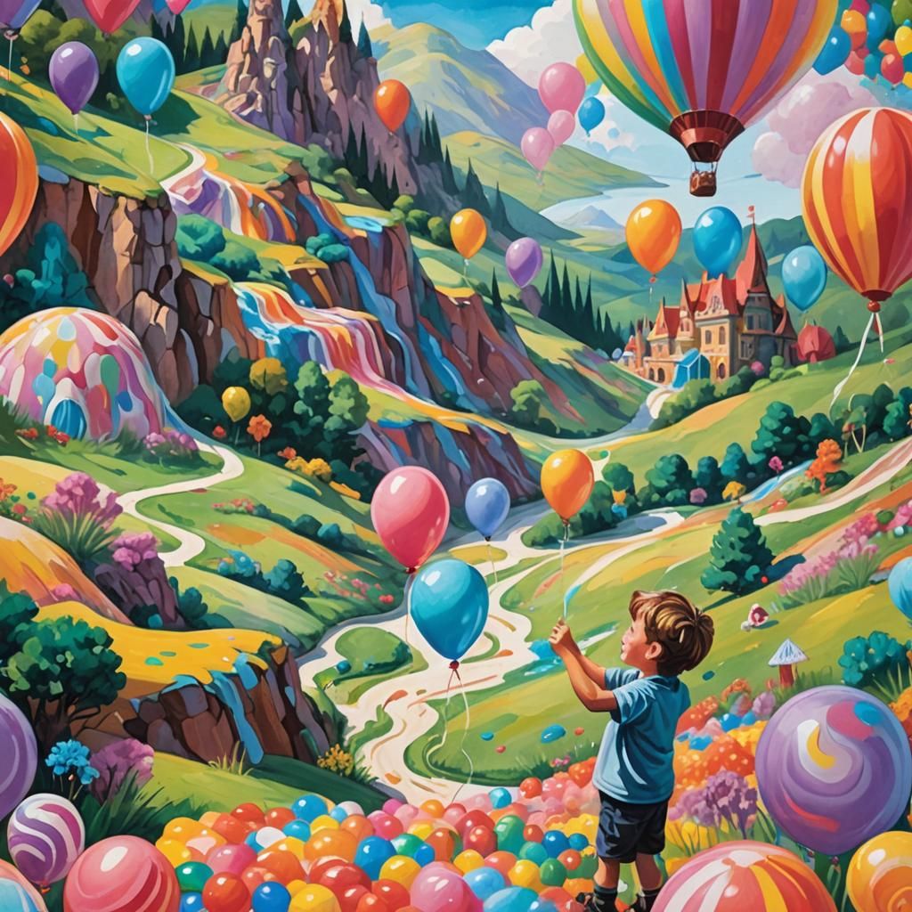 Child Twisting Balloon Animal in Candyland Gouache Painting