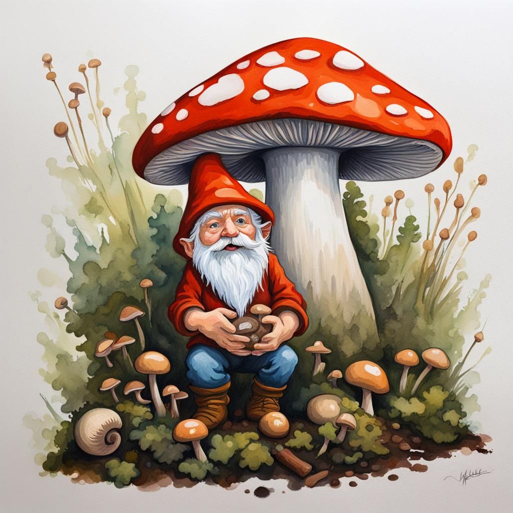 Detailed Gouache Painting of Mushroom Gnome