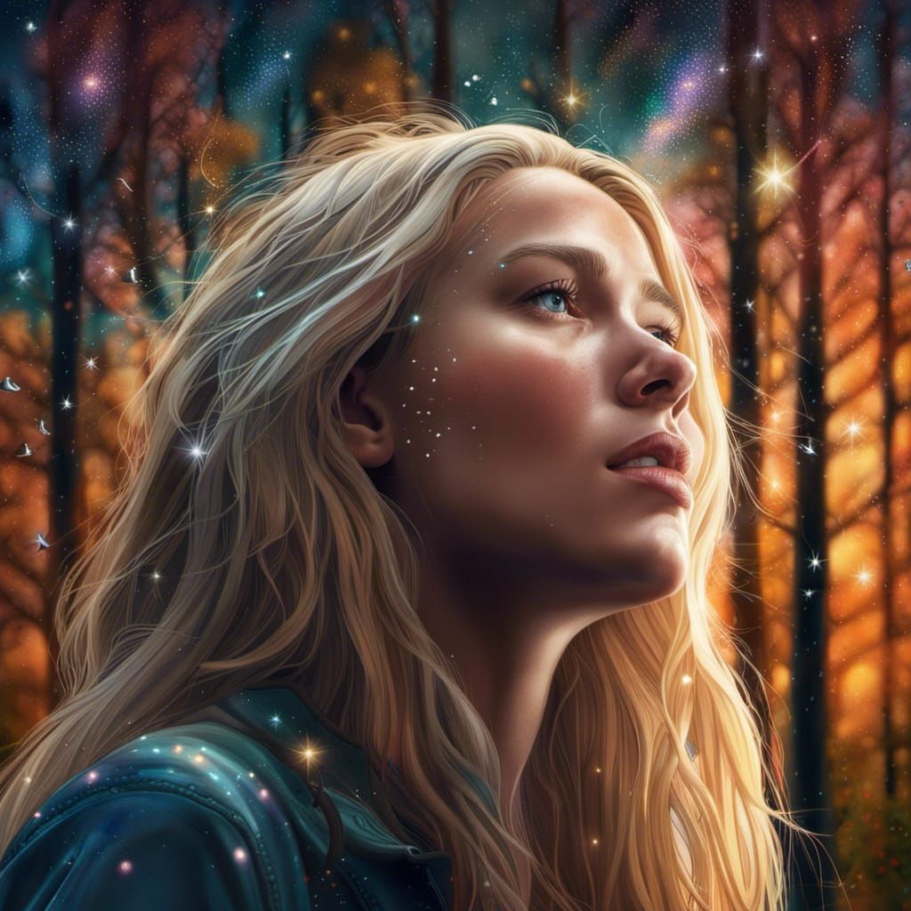 Blonde Woman Stargazing in Hyperrealistic Forest Art