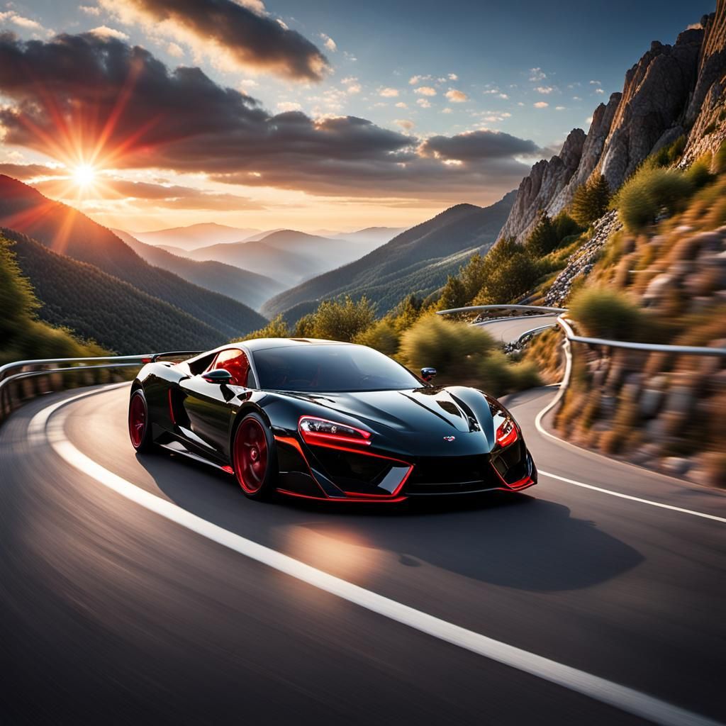 Sports Car on Mountain Road in Romantic Light