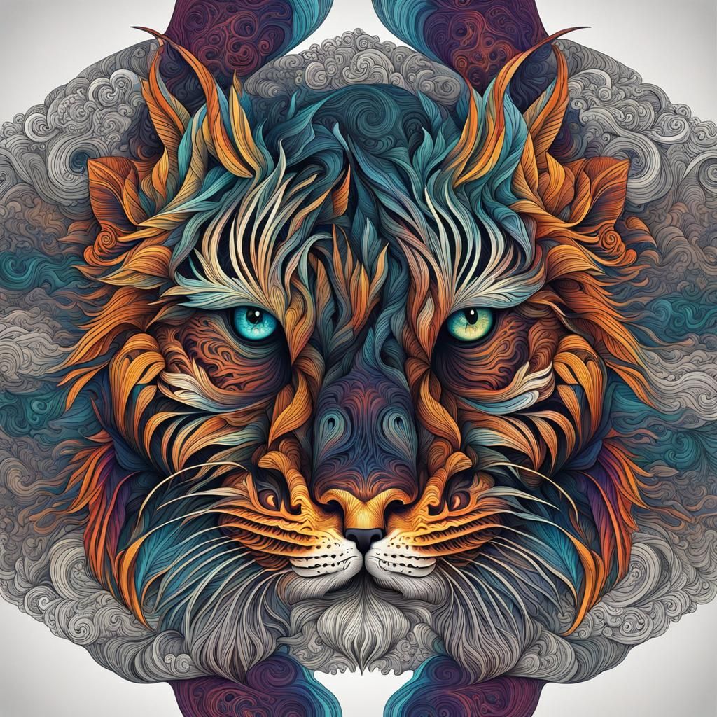 Realistic Tigers in Yin-Yang Pose, an Ornate Abstract Artwor...