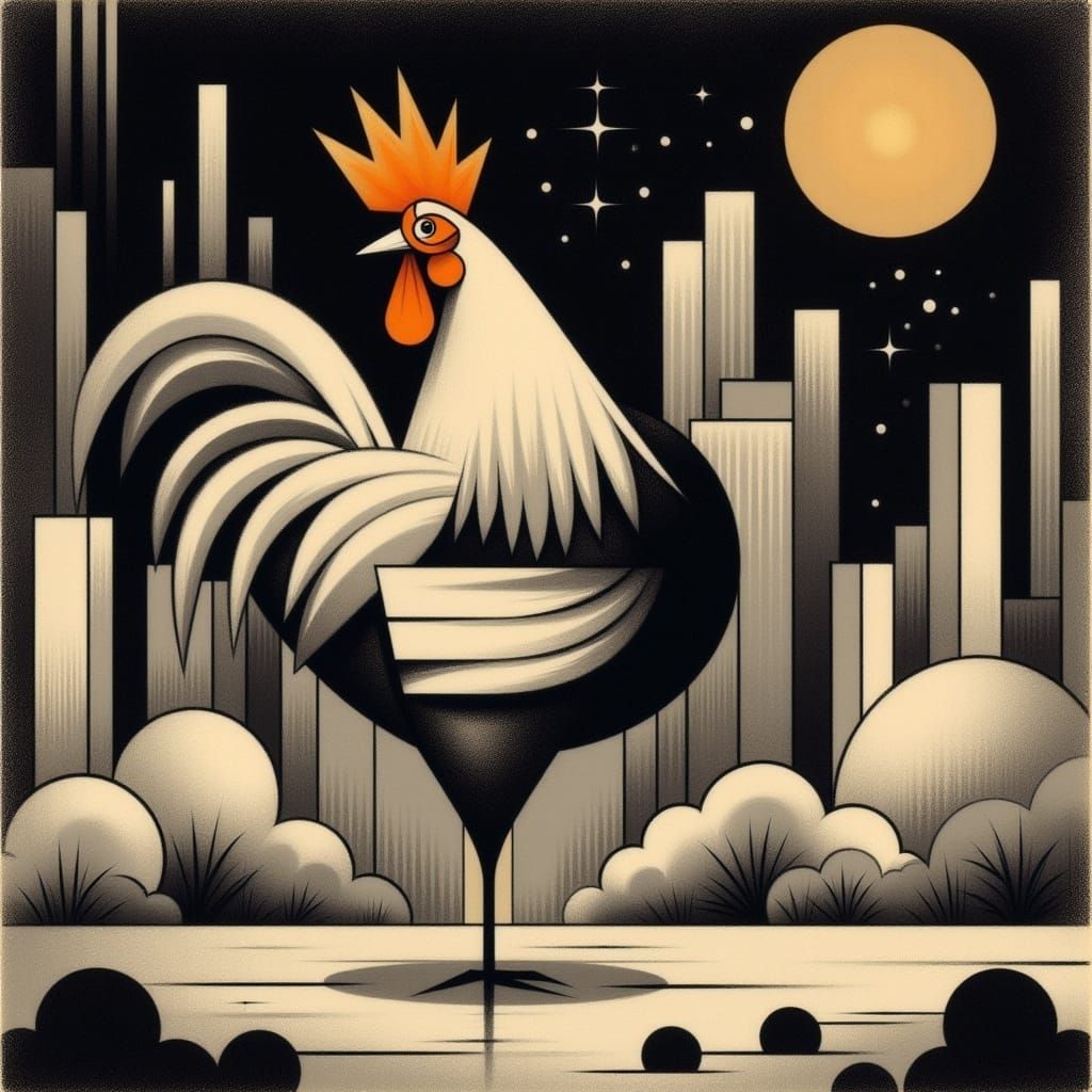 Rooster in Night City: Charcoal and Gouache Art