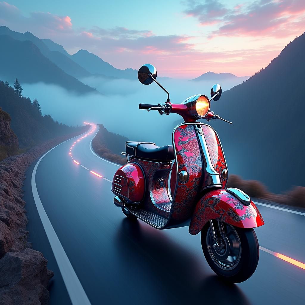 Retro Scooter with Japanese Tattoo Art on Mountain Road