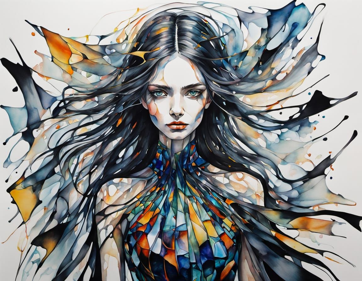 Surreal Woman in Dissolving Stained Glass Dress